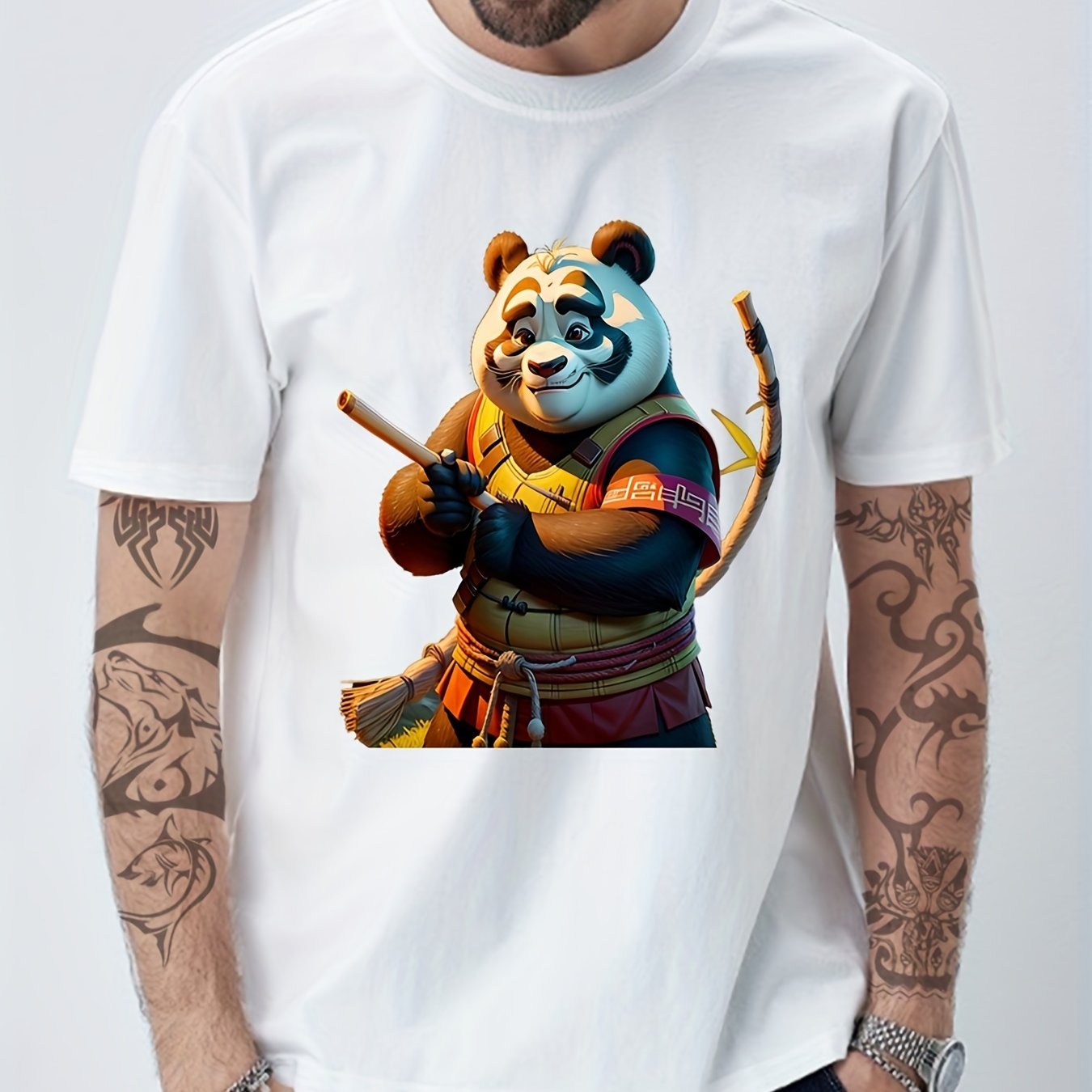 Cotton Anime Panda Print Men's Graphic Crew Neck T-shirt