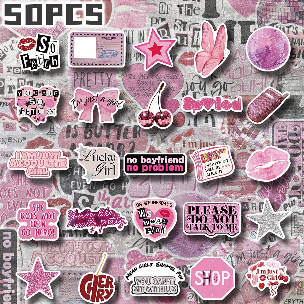 Set of 50 Pink Y2K Girl Themed Stickers - Perfect for Unique Decorations