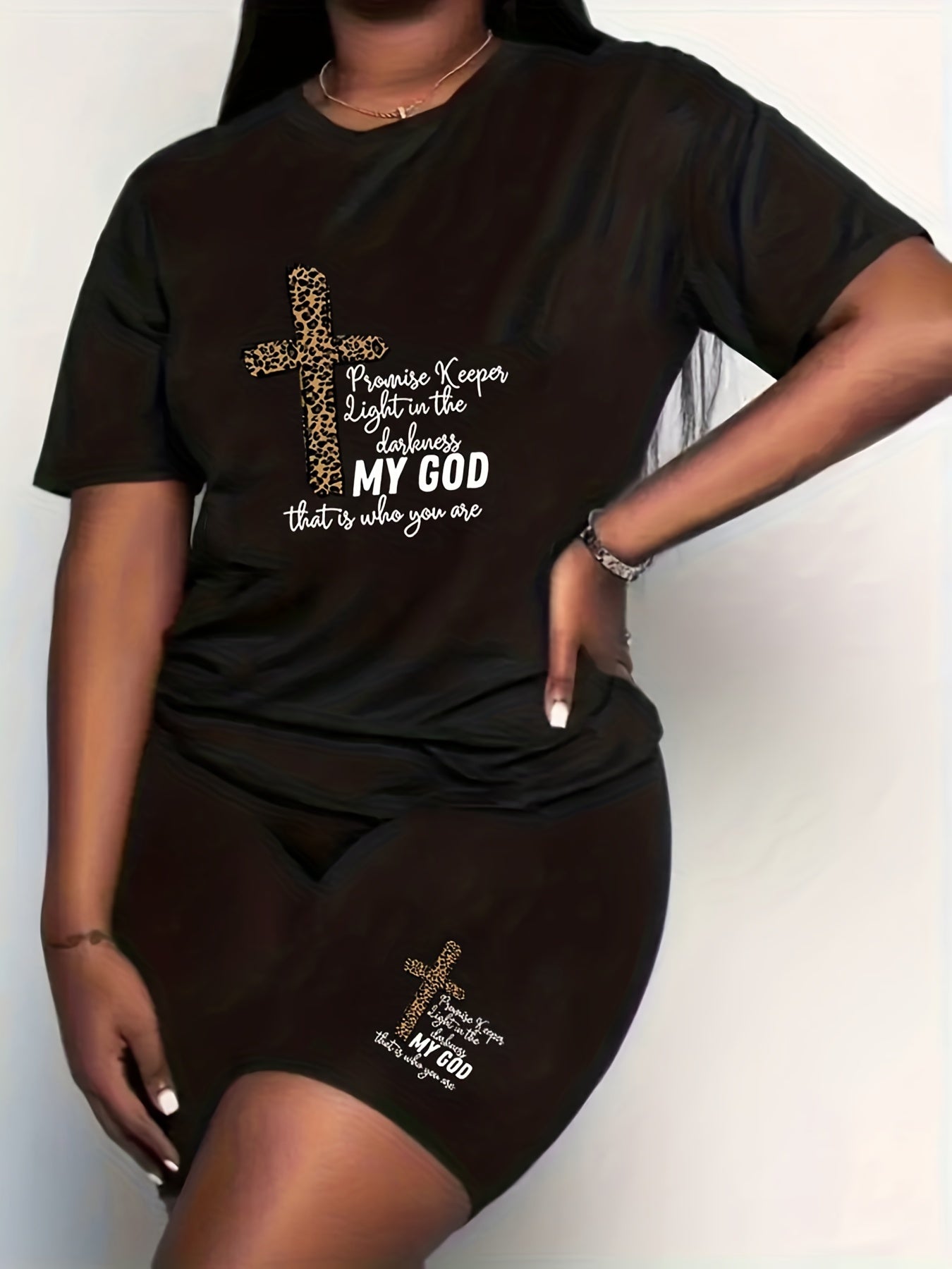 Leopard Cross & Slogan Print 2 Piece Set