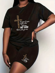 Leopard Cross & Slogan Print 2 Piece Set