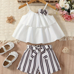 Girls Ruffled Cami Top & Striped Bow Belt Shorts Set