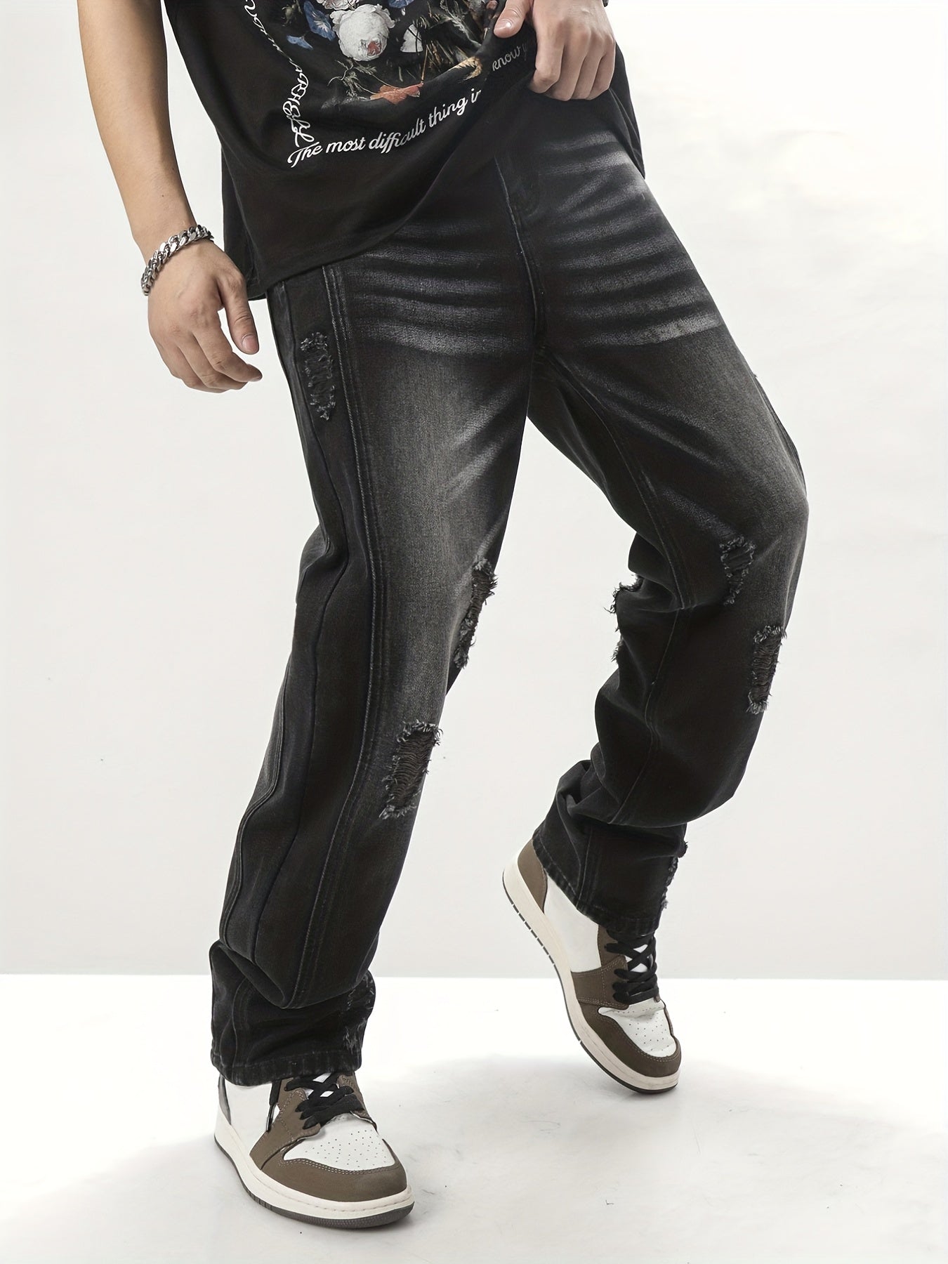 Vintage Ripped Jeans Men's Casual Street Style Distressed Denim Pants