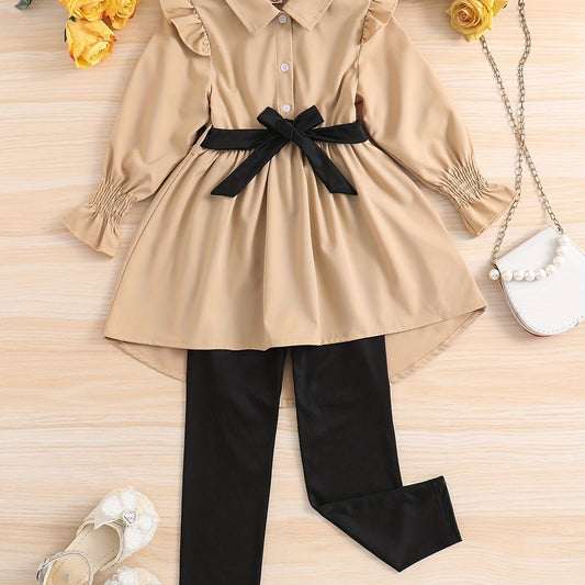 Girl's Lapel Top & Trousers Set With Belt