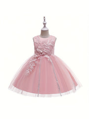 Girls Sleeveless Puffy Princess Dress Flowers Embroidery Mesh Tutu Dress