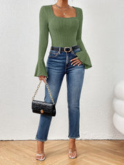 Solid Bell Sleeve Knit Top Square Neck Jumper