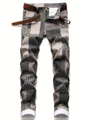 Newspaper Pattern Slim Fit Cotton Jeans Men's Casual Denim Pants