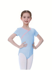 Girls V Neck Short Sleeve Ballet Leotard for Dance Gymnastics
