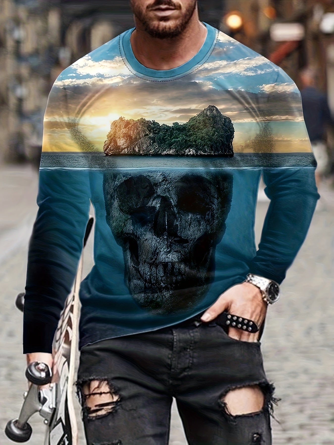 Skull Stone 3D Print Men's Long Sleeve Tee - Autumn Fashion