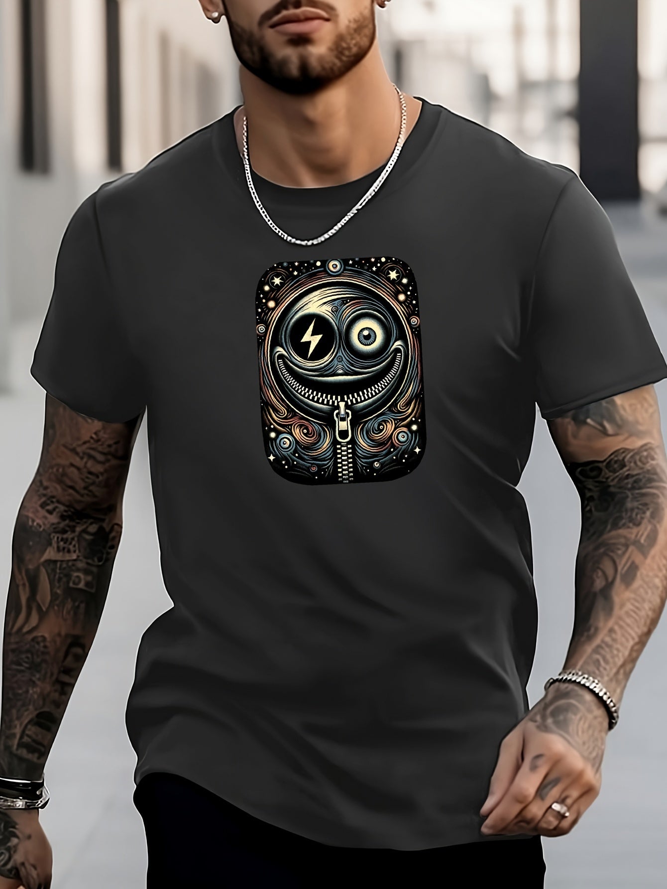 Men's Robot Pattern Shirt Casual Crew Neck Tee