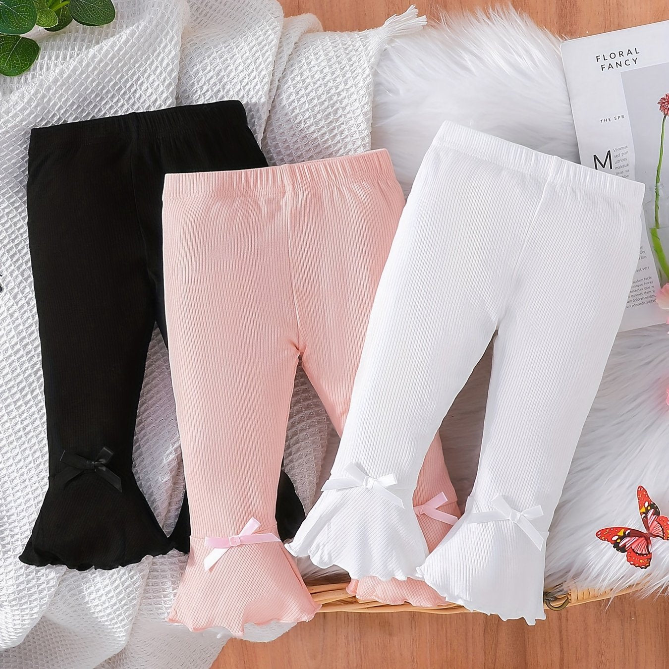 Baby Girl's Stretchy Flare Pants With Fringe Flounce Bell Bottom Leggings