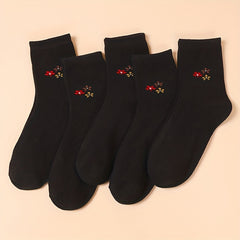 5 Pairs Floral Print Socks Breathable Mid Tube Stockings
