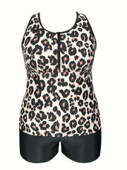 Leopard Print Tank Top & Shorts Swimsuit Set Women's Modest 2pcs Set
