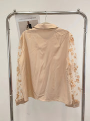 Blouse Women's Plus Solid Contrast Mesh Jacquard Sleeve Button Up