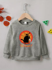 Halloween Cat Print Boys Sweatshirt Long Sleeve Crew Neck Tops Kids Clothing