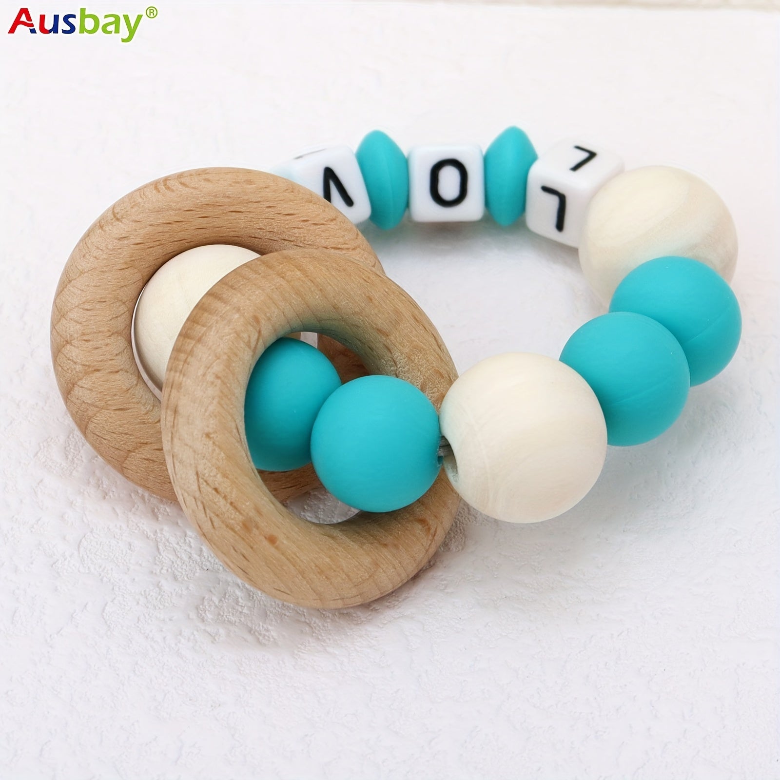 Personalized Wooden Teether Rattle with Silicone Beads