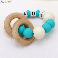 Personalized Wooden Teether Rattle with Silicone Beads