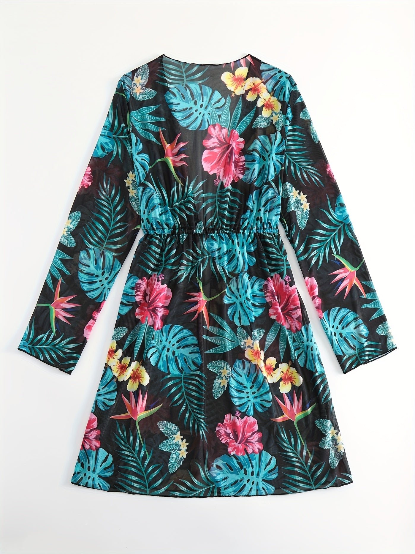 Print Cover Up Shirt Long Sleeves V Neck Drawstring Cover Ups Women's Swimwear