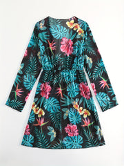 Print Cover Up Shirt Long Sleeves V Neck Drawstring Cover Ups Women's Swimwear
