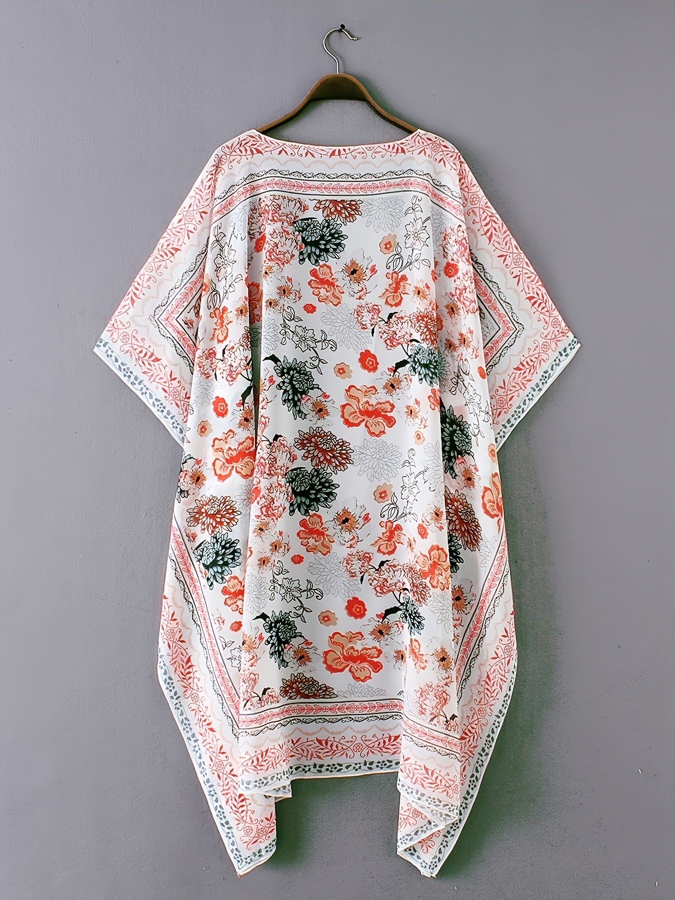 Floral Print V Neck Robes Loose Fit Non Stretch Kimono