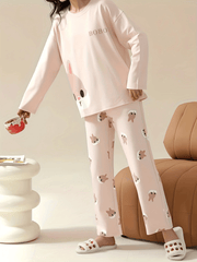 Bunny Print Pajama Set Long Sleeve Crew Neck Top & Pants Women's Sleepwear