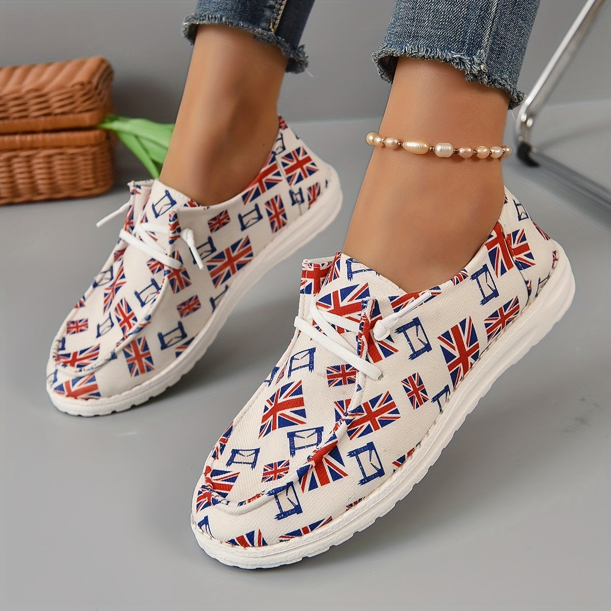 Women's Flag Pattern Boat Shoes Lace Up Slip on Canvas Shoes