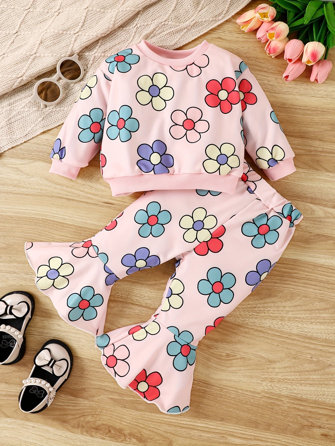 Baby Girls 2pcs Flower Graphic Ribbed Top Flared Pants Set