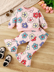 Baby Girls 2pcs Flower Graphic Ribbed Top Flared Pants Set