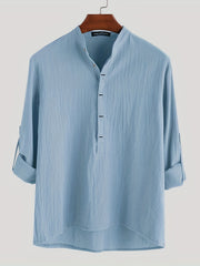 Men's Vintage Trachten Shirt Solid Long Sleeve Stand Collar Shirt