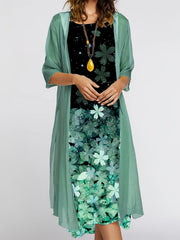 Print Long Dress & Sleeve Cardigan Outfits for W