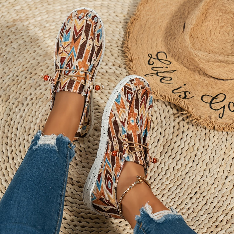 Retro Print Flat Sneakers Women's Lightweight Slip On Flat Sport Shoes