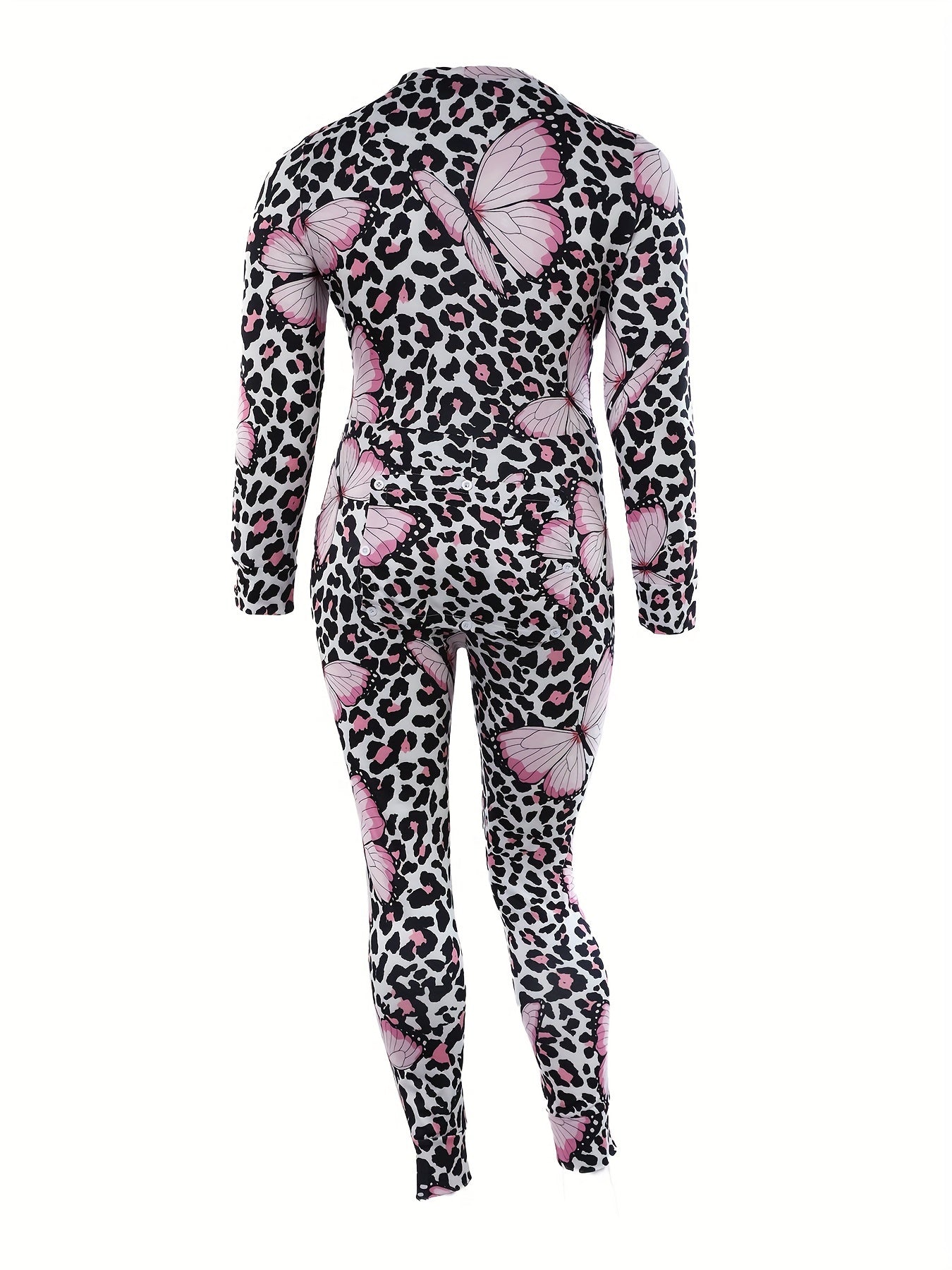 Sexy Sleepwear Jumpsuit: Butterfly & Leopard Print Long Sleeve