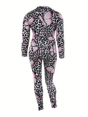 Sexy Sleepwear Jumpsuit: Butterfly & Leopard Print Long Sleeve