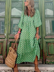 Boho Puff Sleeve Maxi Loose Dress Women's Clothing