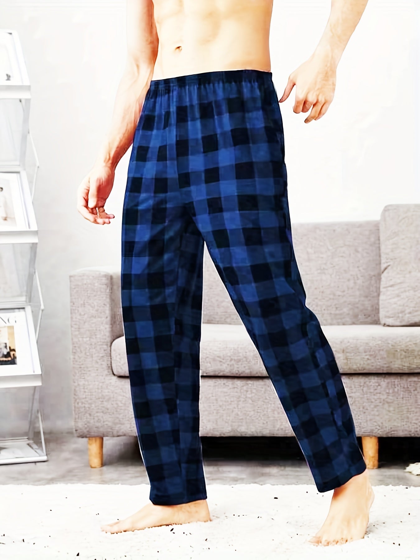Men's Plaid Elastic Waist Pants Straight Leg Retro Casual Trousers