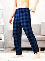 Men's Plaid Elastic Waist Pants Straight Leg Retro Casual Trousers