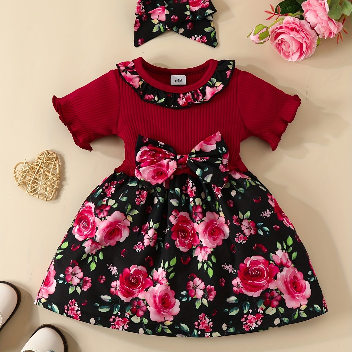 2pc Baby Girls Floral Print Dress & Headband Set Clothes