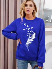 Feather Print Pullover Sweatshirt Loose Fit for Fall & Winter