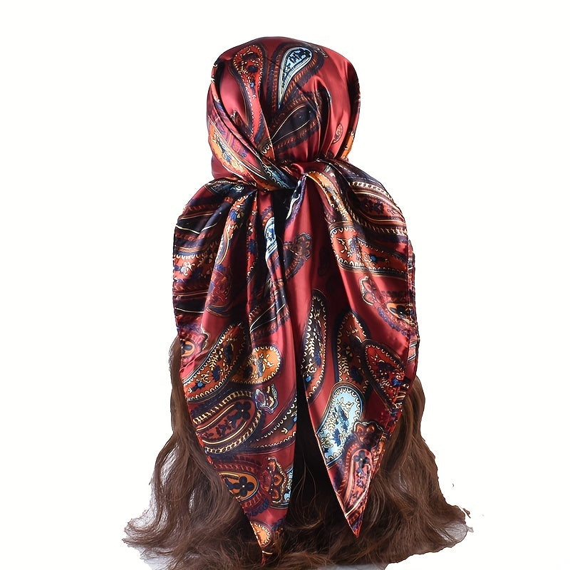 Vintage Paisley Print Satin Square Scarf for Women