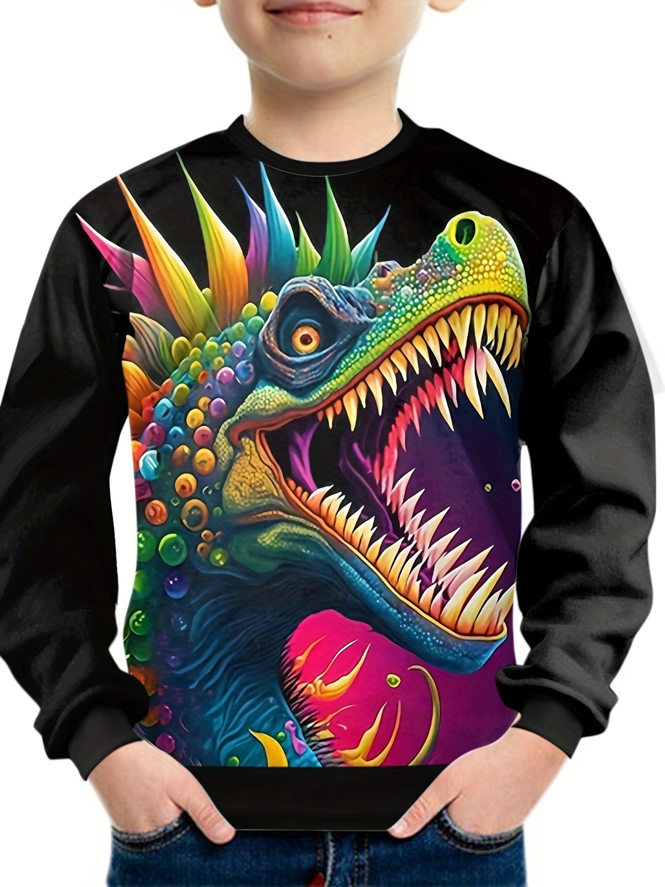 Colorful Dino Print Kid's Sweatshirt Unisex Pullover Spring Fall Winter
