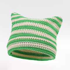 Striped Knitted Ice Silk Beanie Hat with Cat Ears