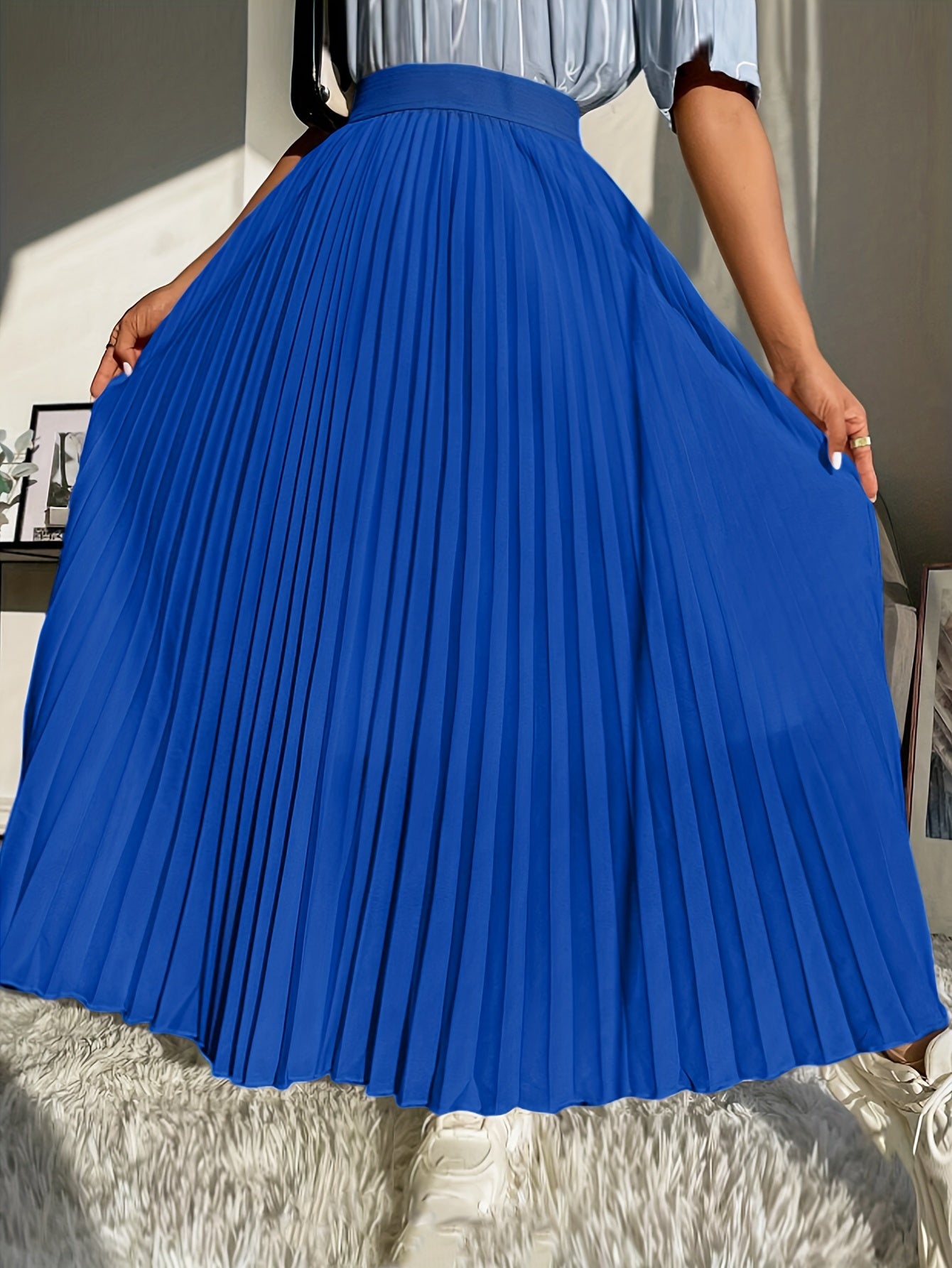Solid High Waist Pleated Skirt Elastic Waist Spring Summer Women's Clothing