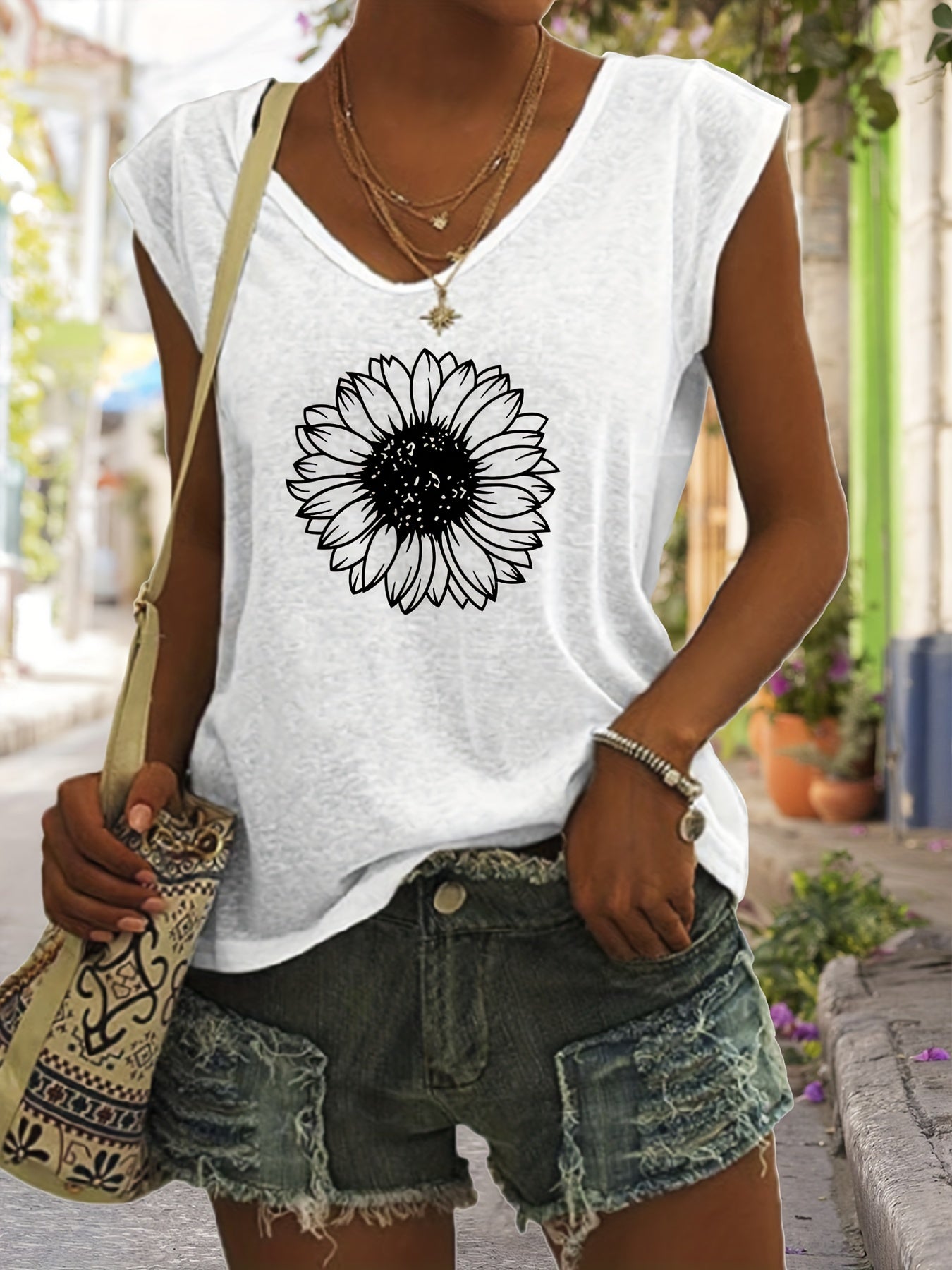 Sunflower Print V Neck Tank Top Women's Clothing