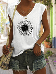 Sunflower Print V Neck Tank Top Women's Clothing