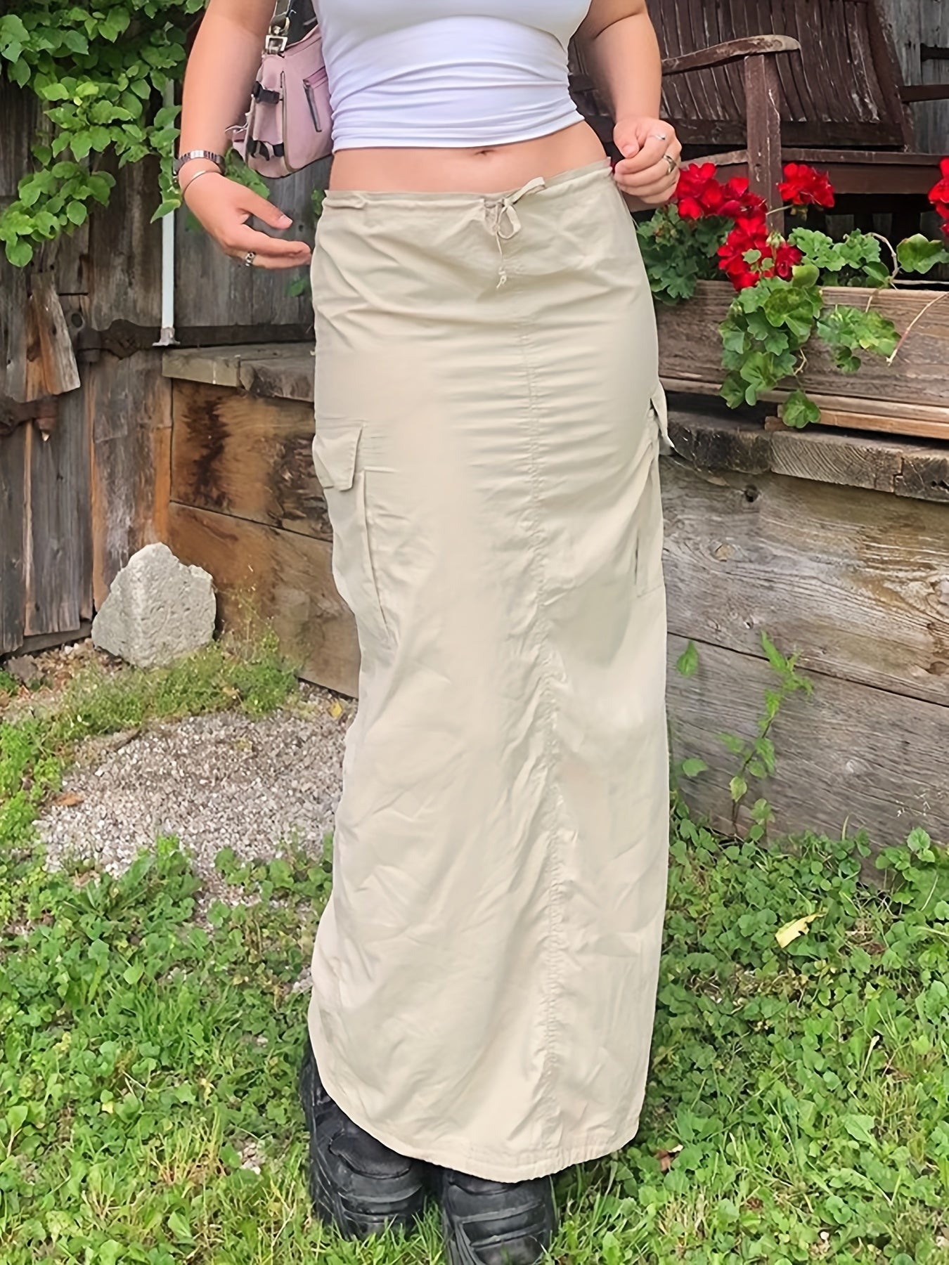 Cargo Long Skirt Solid Y2k Skirts With Side Pocket
