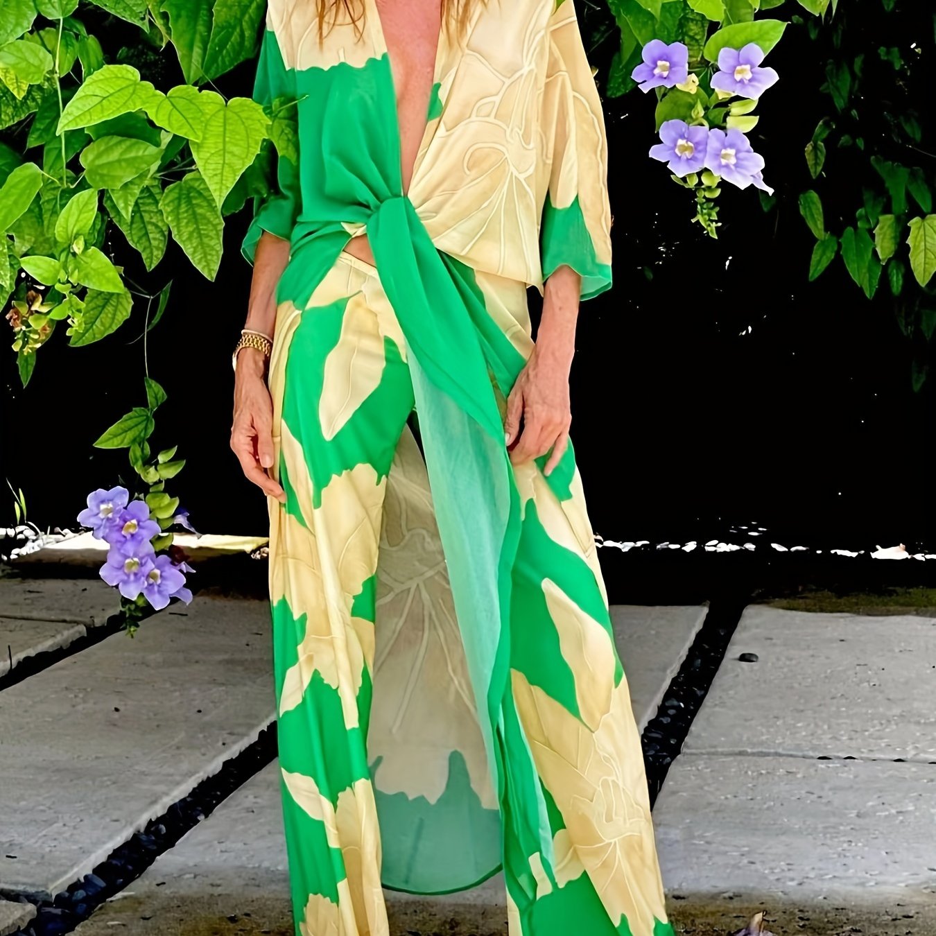 Floral Loose Fit Two Piece Set V Neck Beachwear Cover Up Pant