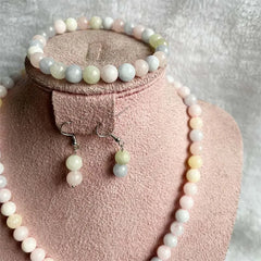 8MM Morganite Natural Stone Jewelry Set Bead Necklace Earrings Bracelet