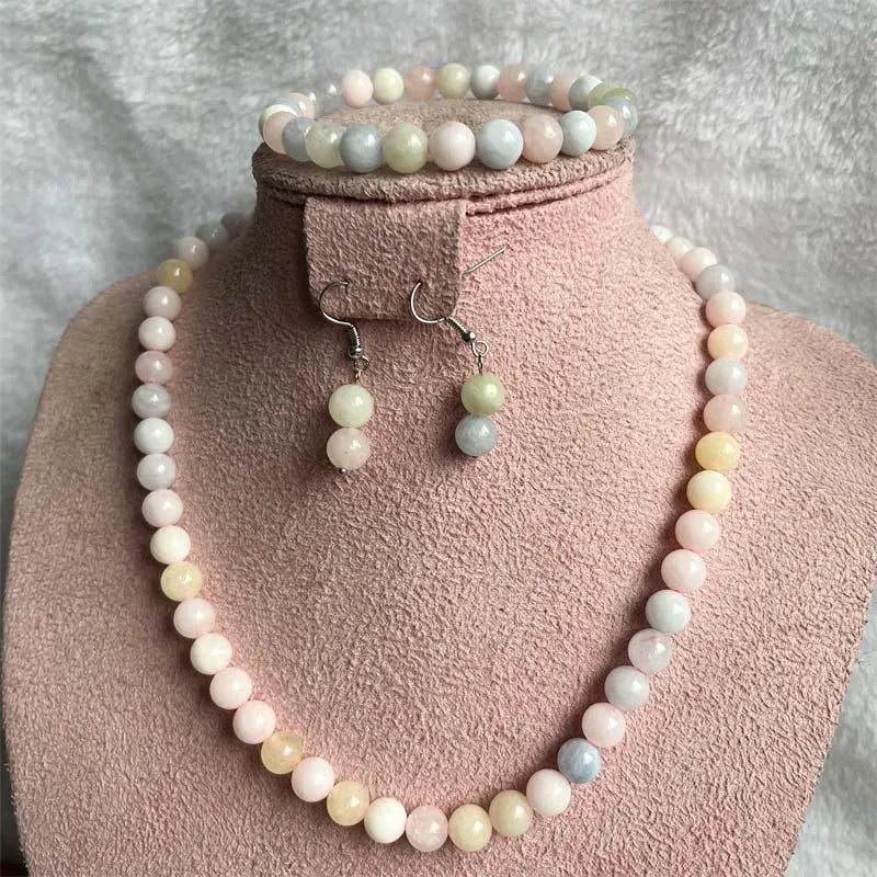 8MM Morganite Natural Stone Jewelry Set Bead Necklace Earrings Bracelet