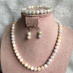 8MM Morganite Natural Stone Jewelry Set Bead Necklace Earrings Bracelet