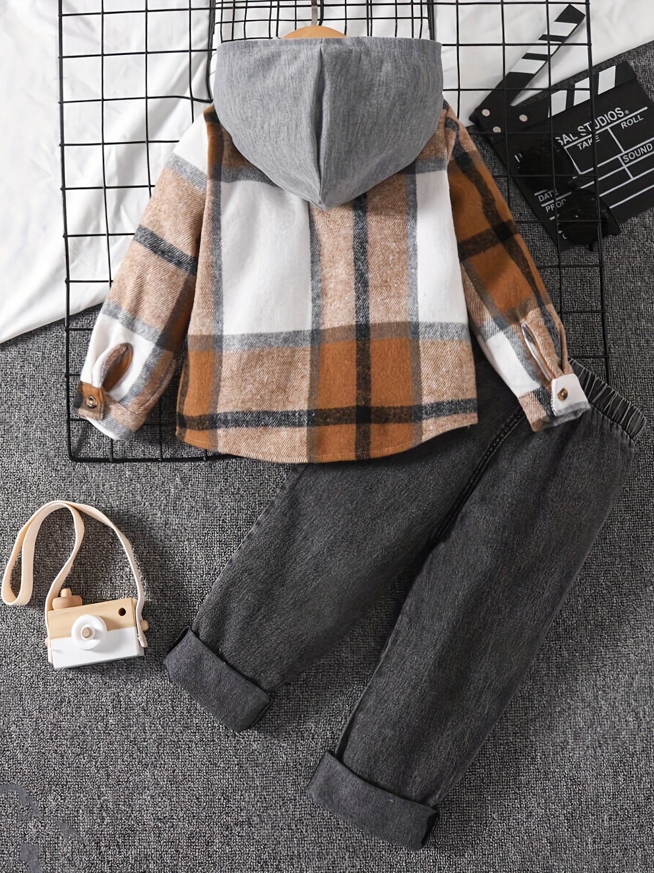 Boys Hooded Button Down Top & Ripped Jeans Set