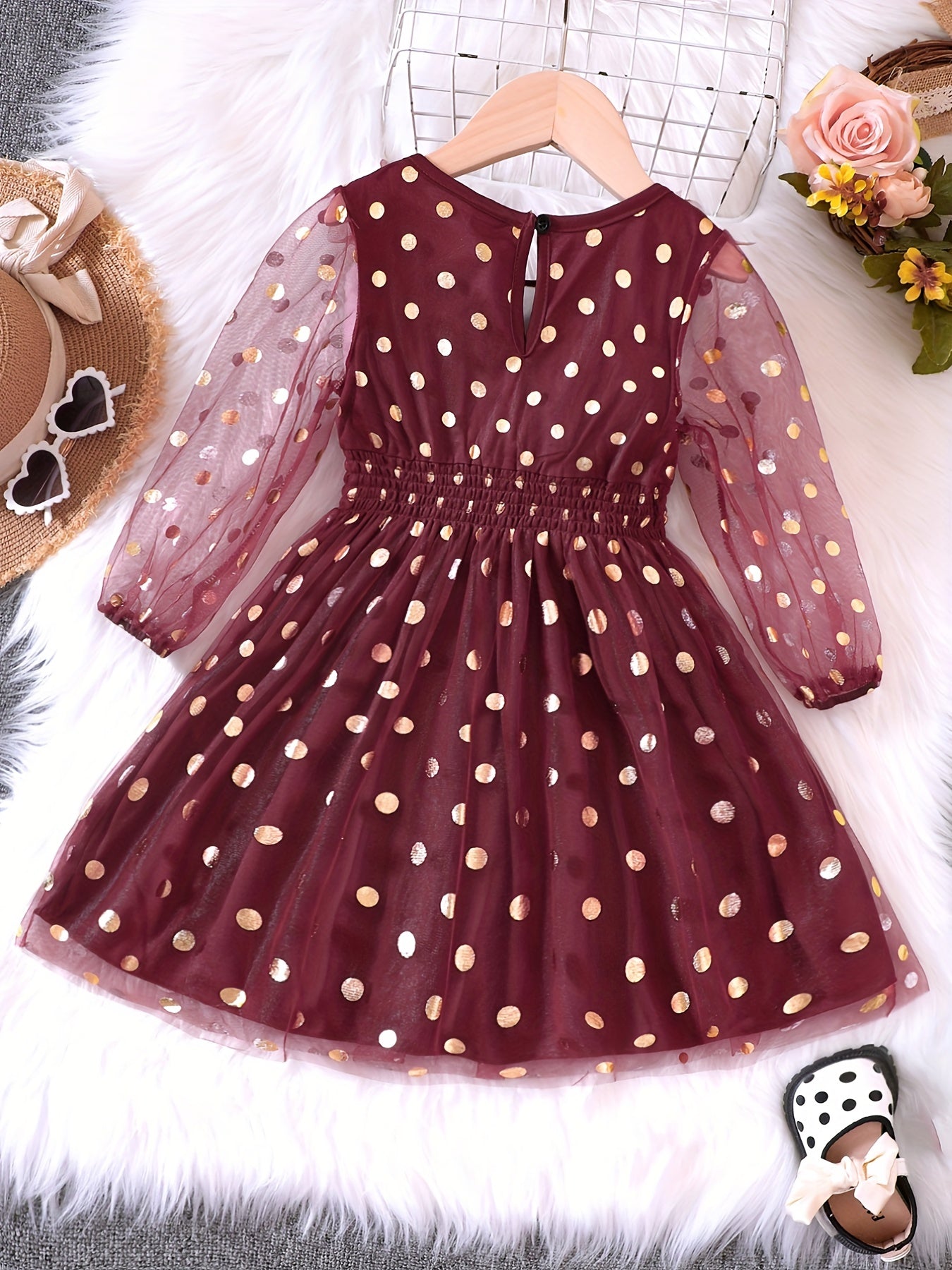Girl's Golden Dot Long Sleeve Tunic Dress For Party